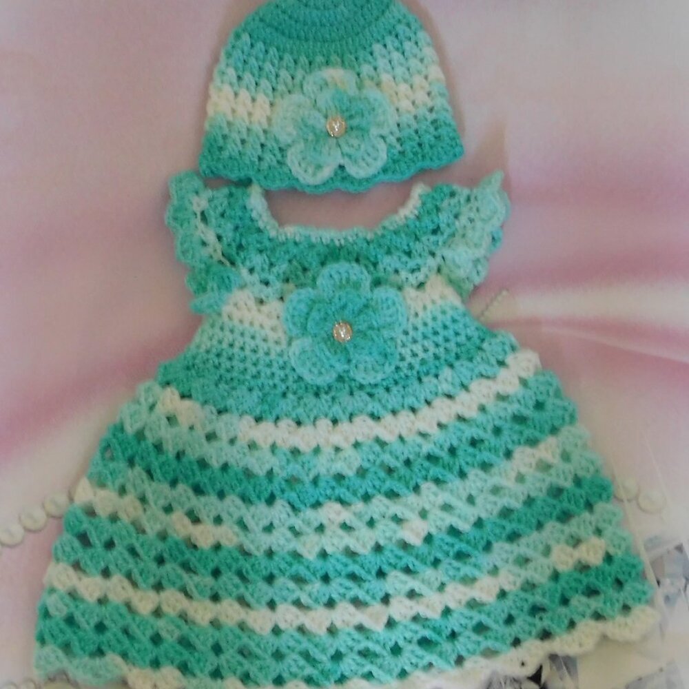 Crochet Baby Dress Handmade, Fits 0-3 Month, Baby Shower Gift, Flower Dress